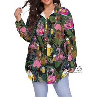 Funny Flamingo Drink Beer Tropical Hawaiian Plus Size Shirt For Women