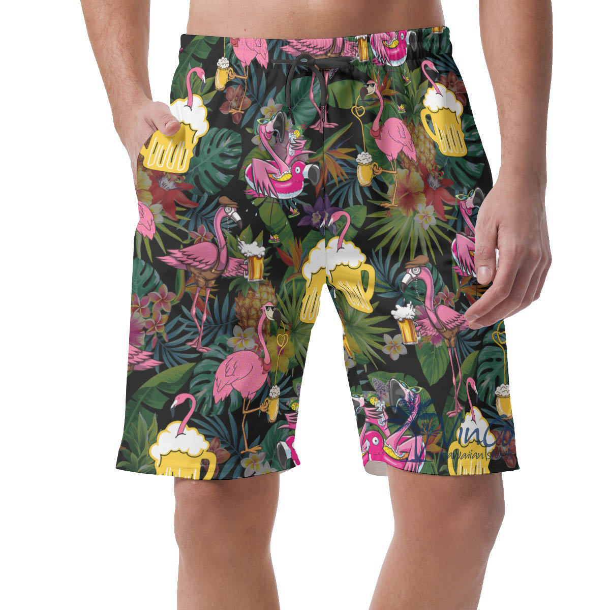 Funny Tropical Flamingo Beer Hawaiian Beach Shorts For Men - variant image 1