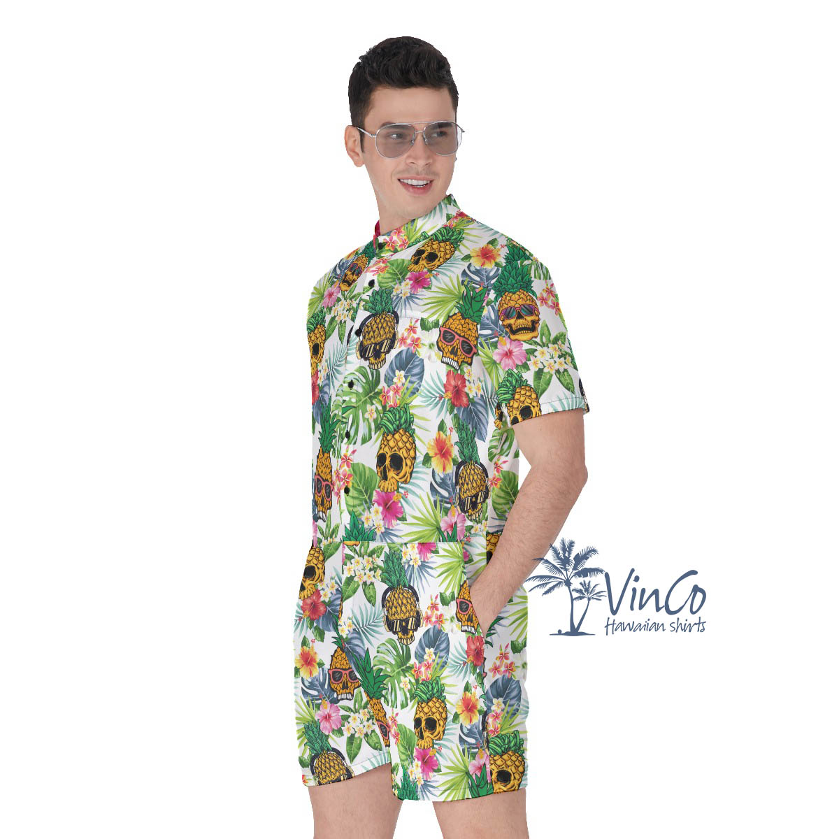 Funny Skull Pineapple Tropical Summer Hawaiian Romper For Men