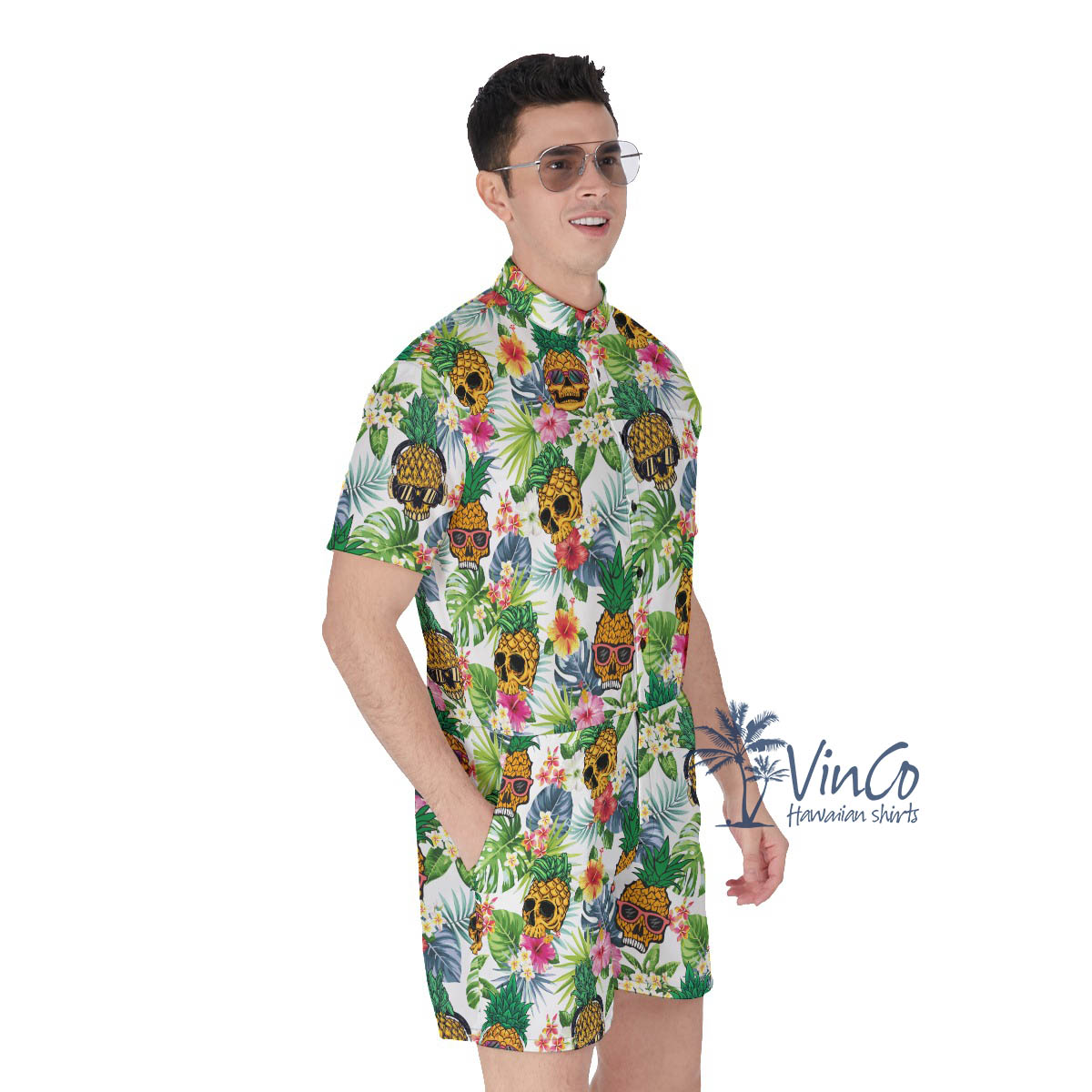 Funny Skull Pineapple Tropical Summer Hawaiian Romper For Men