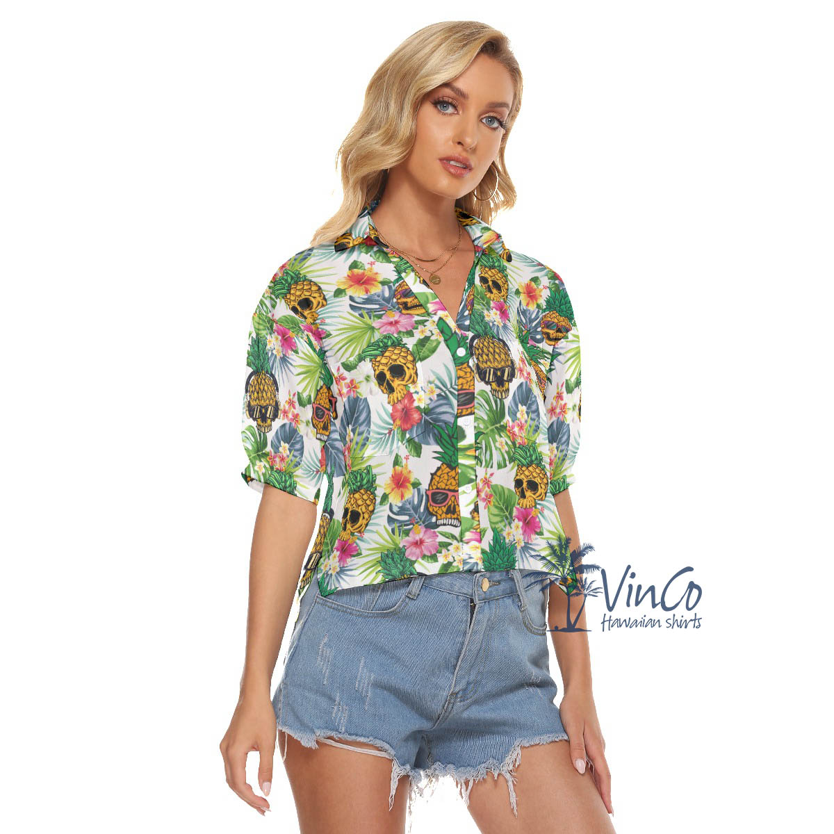 Cool Pineapple Skull Tropical Hawaiian Cropped Shirt For Women