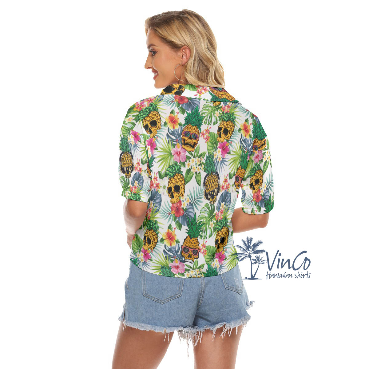 Cool Pineapple Skull Tropical Hawaiian Cropped Shirt For Women