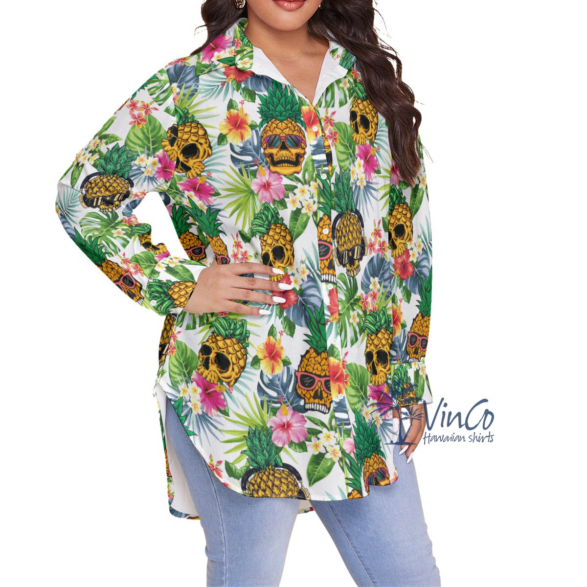 Funny Pineapple Skull Tropical Hawaiian Plus Size Shirt For Women