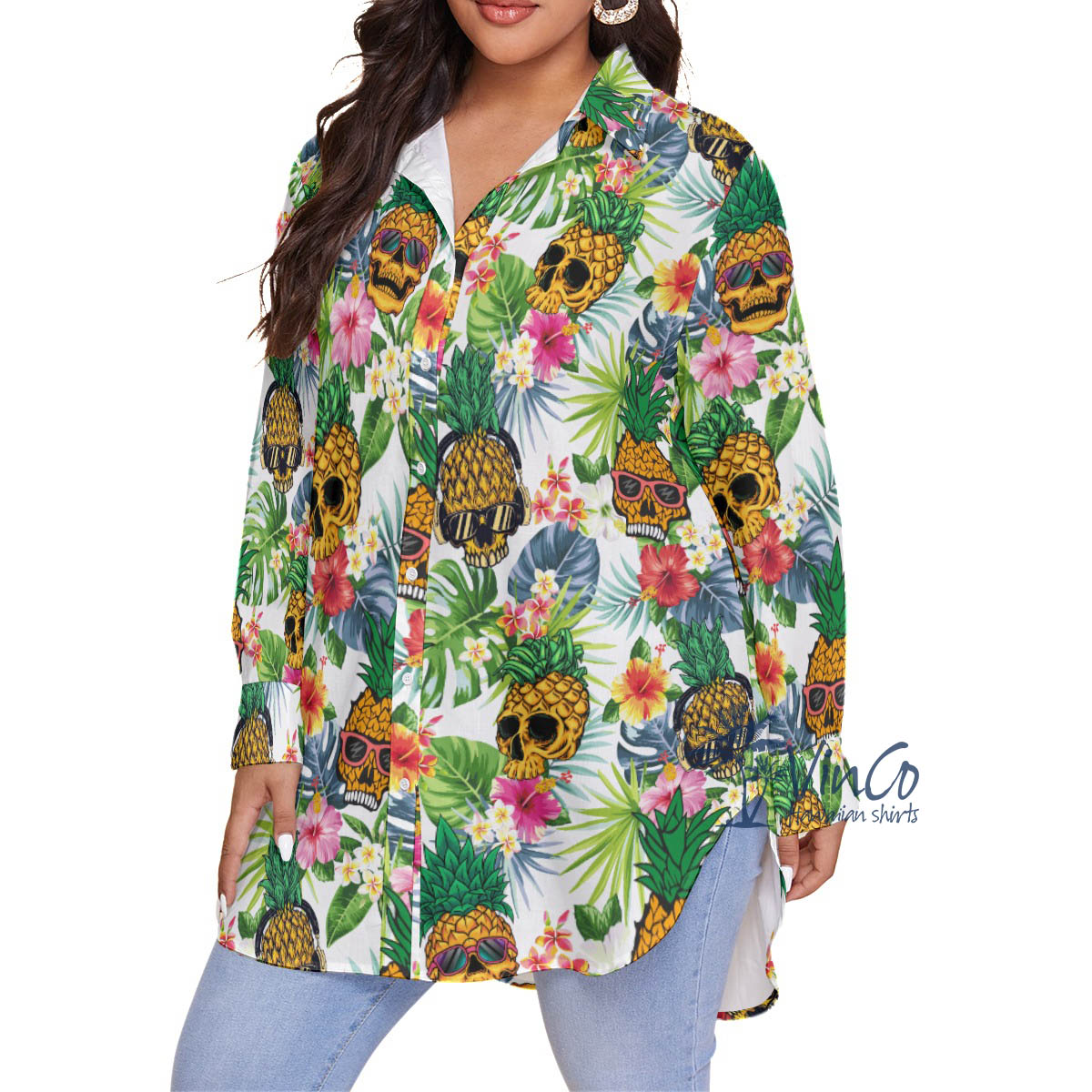 Funny Pineapple Skull Tropical Hawaiian Plus Size Shirt For Women
