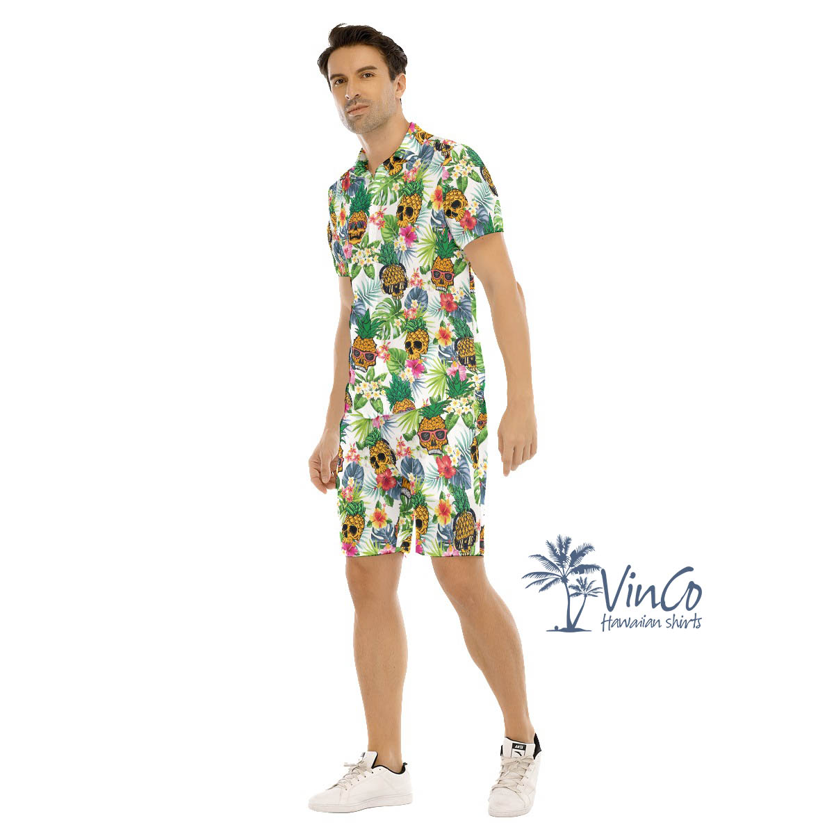 Funny Skull Pineapple Tropical Hawaiian Shirt And Matching Shorts For Men