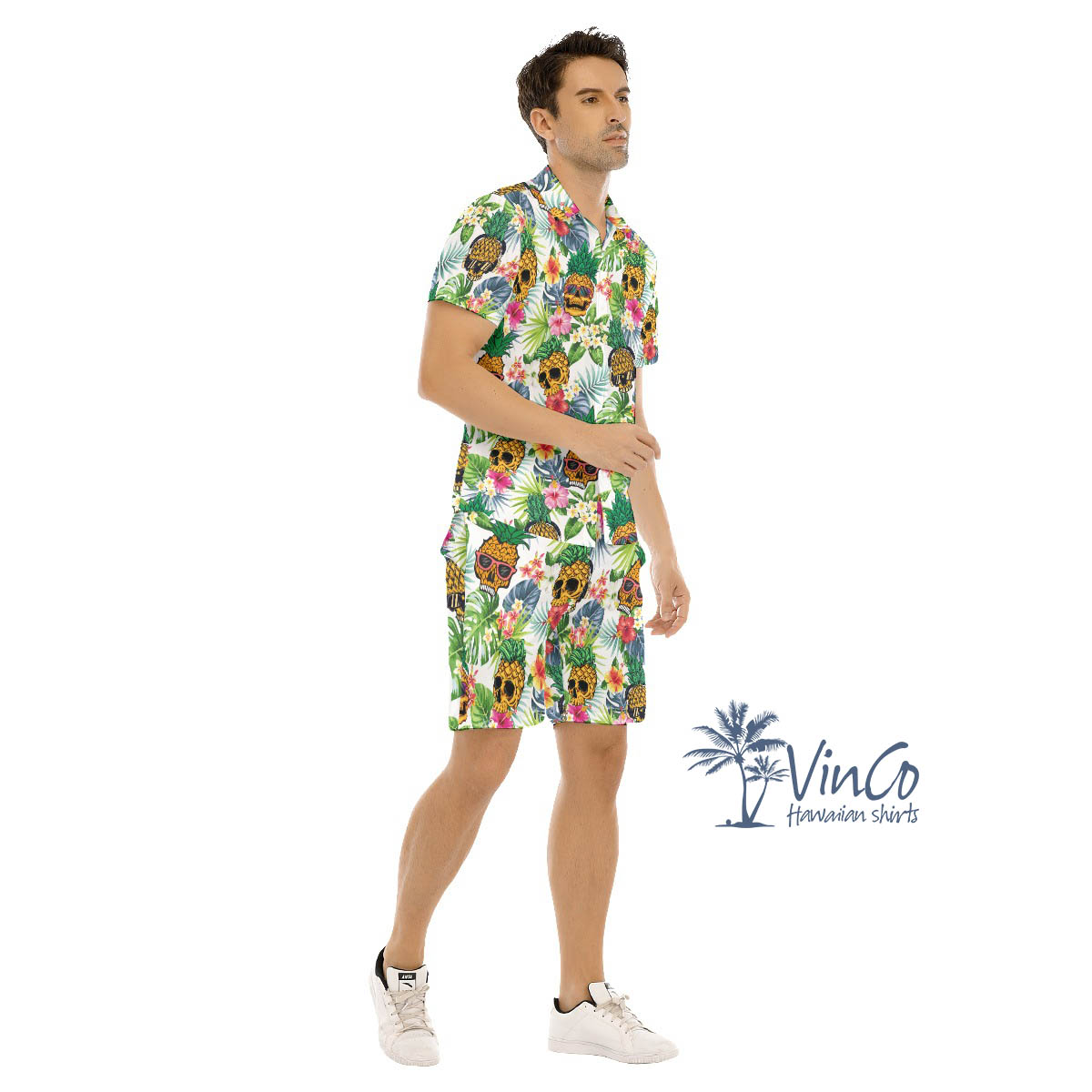 Funny Skull Pineapple Tropical Hawaiian Shirt And Matching Shorts For Men