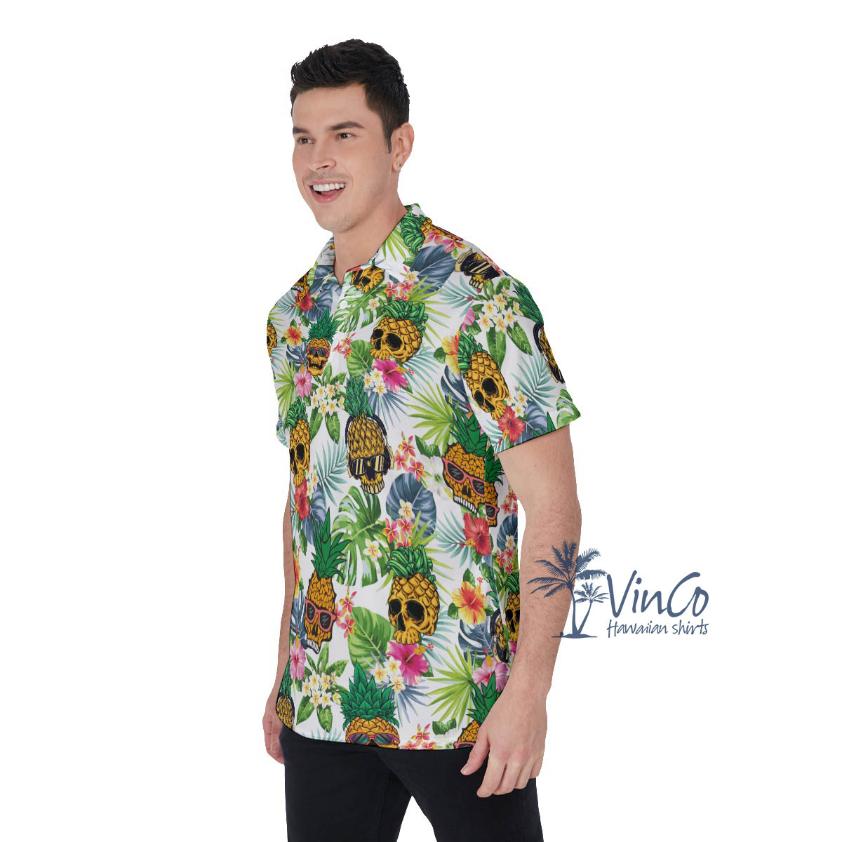 Funny Pineapple Skull Tropical Hawaiian Polo Shirt For Men