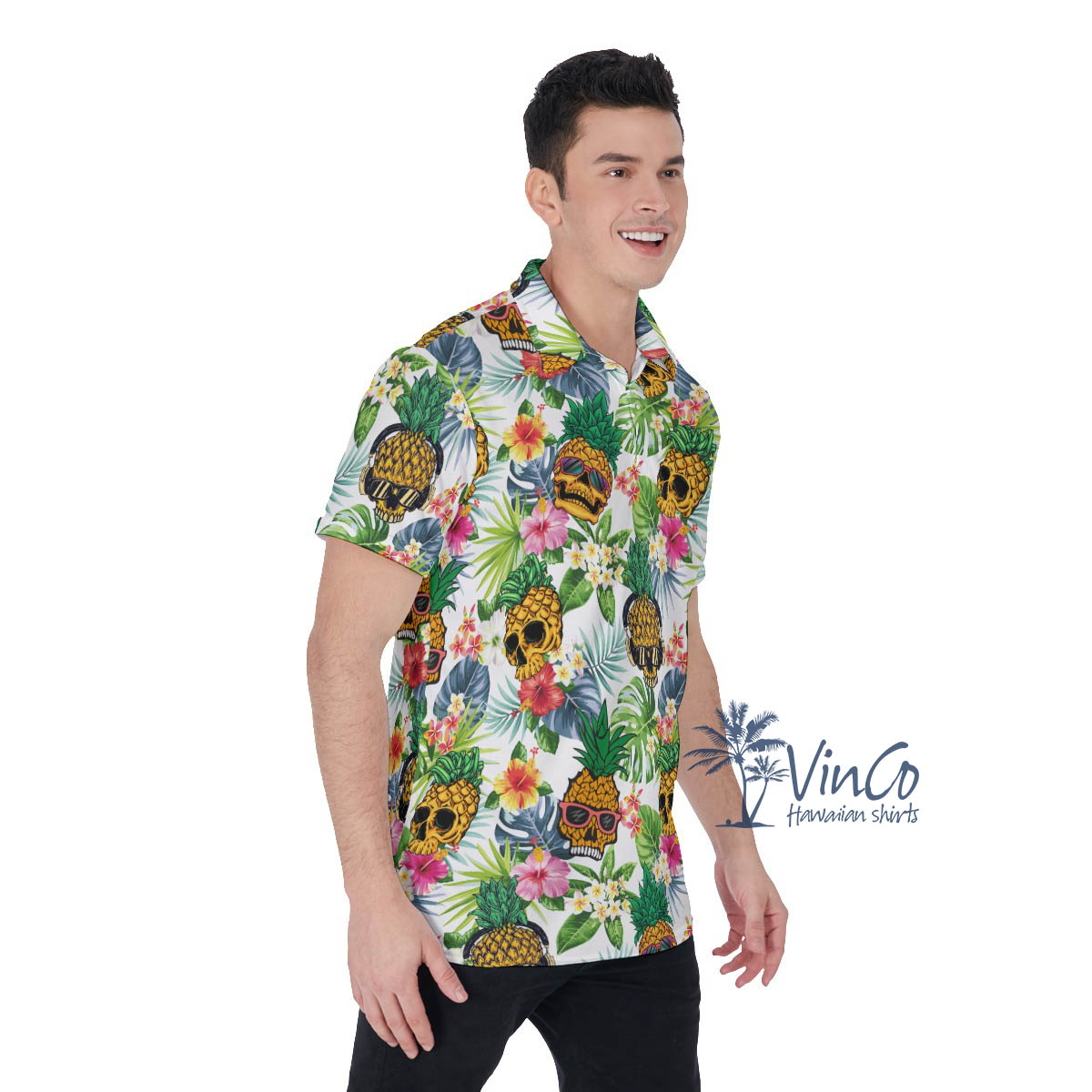 Funny Pineapple Skull Tropical Hawaiian Polo Shirt For Men