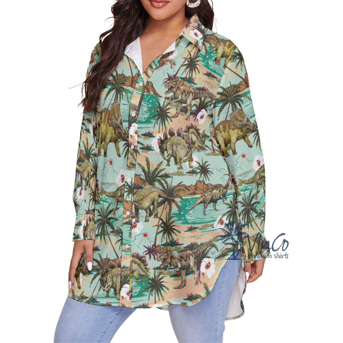 Tropical Dinosaur Hawaiian Plus Size Shirt For Women