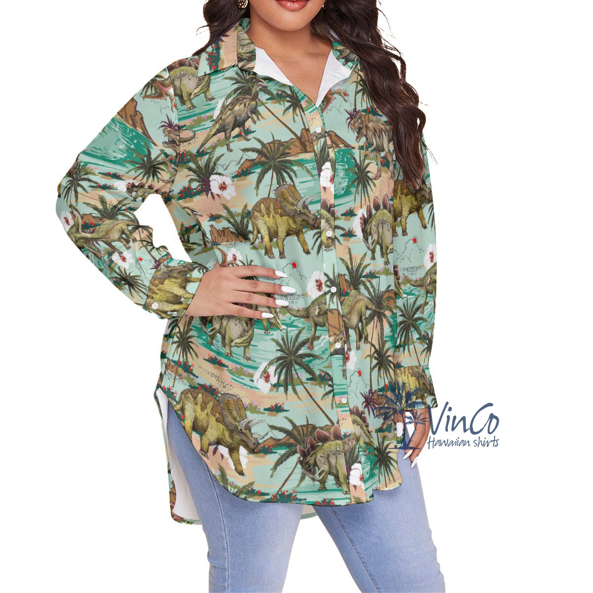 Tropical Dinosaur Hawaiian Plus Size Shirt For Women