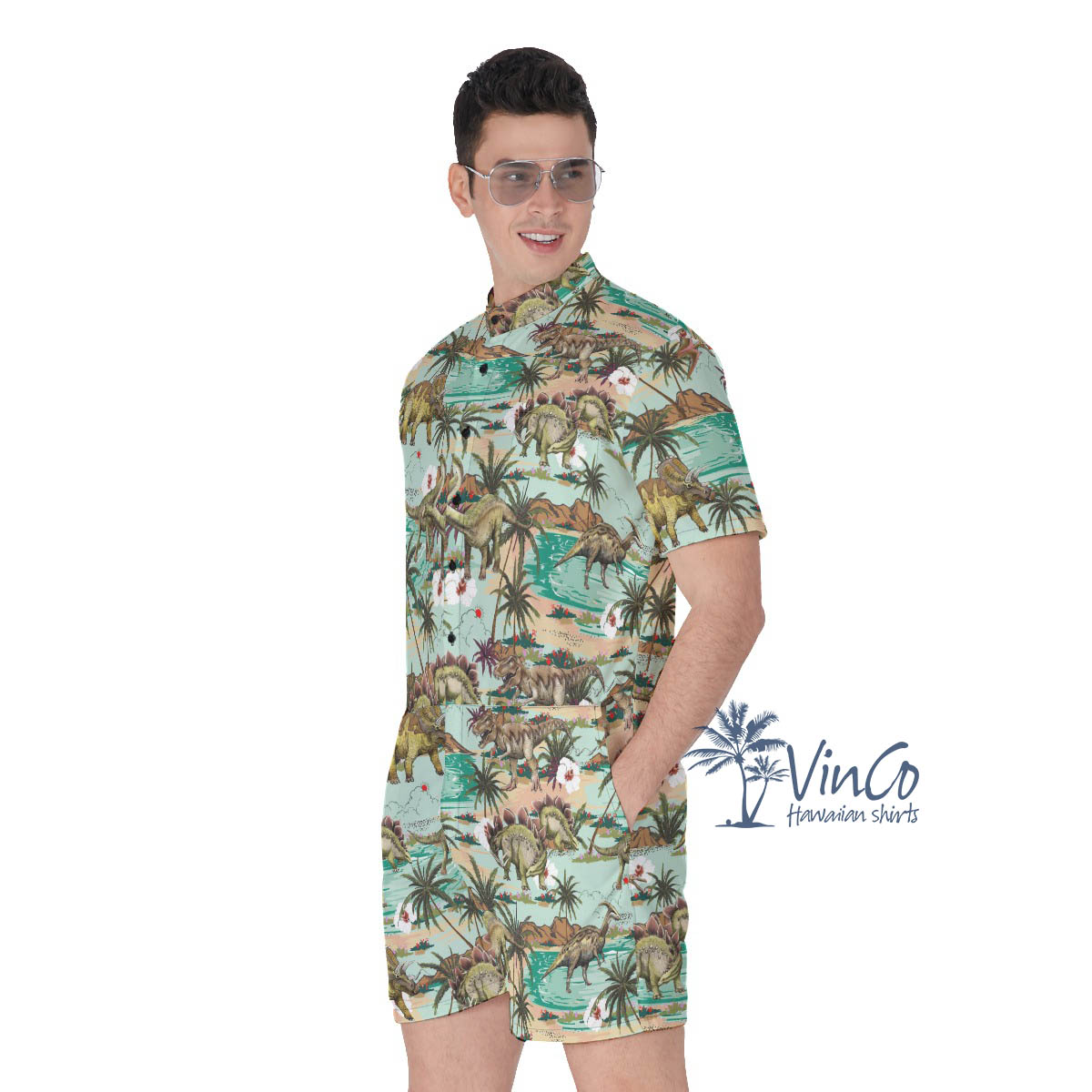 Dinosaur Summer Tropical Hawaiian Romper For Men