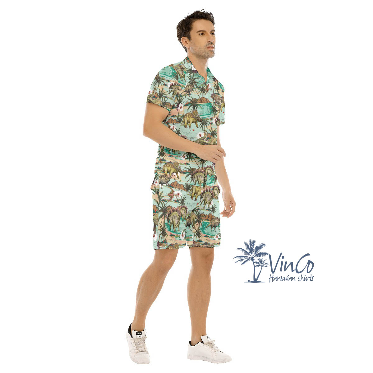 Dinosaur Tropical Palm Tree Hawaiian Shirt And Shorts For Men