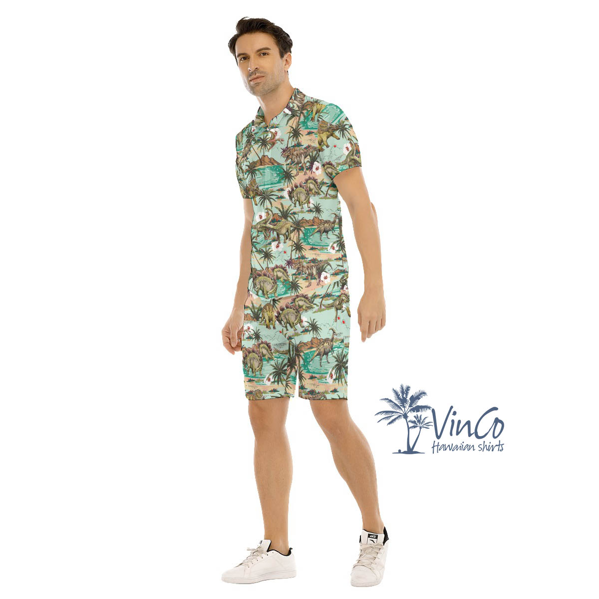 Dinosaur Tropical Palm Tree Hawaiian Shirt And Shorts For Men