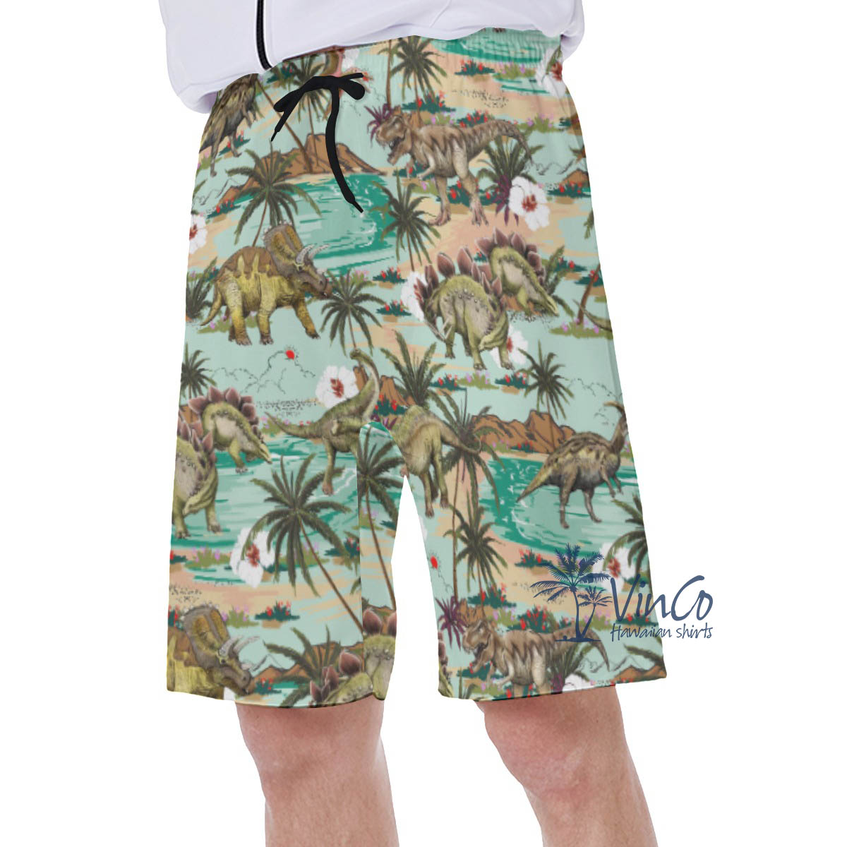 Tropical Palm Tree Dinosaur Hawaiian Swim Trunks For Men