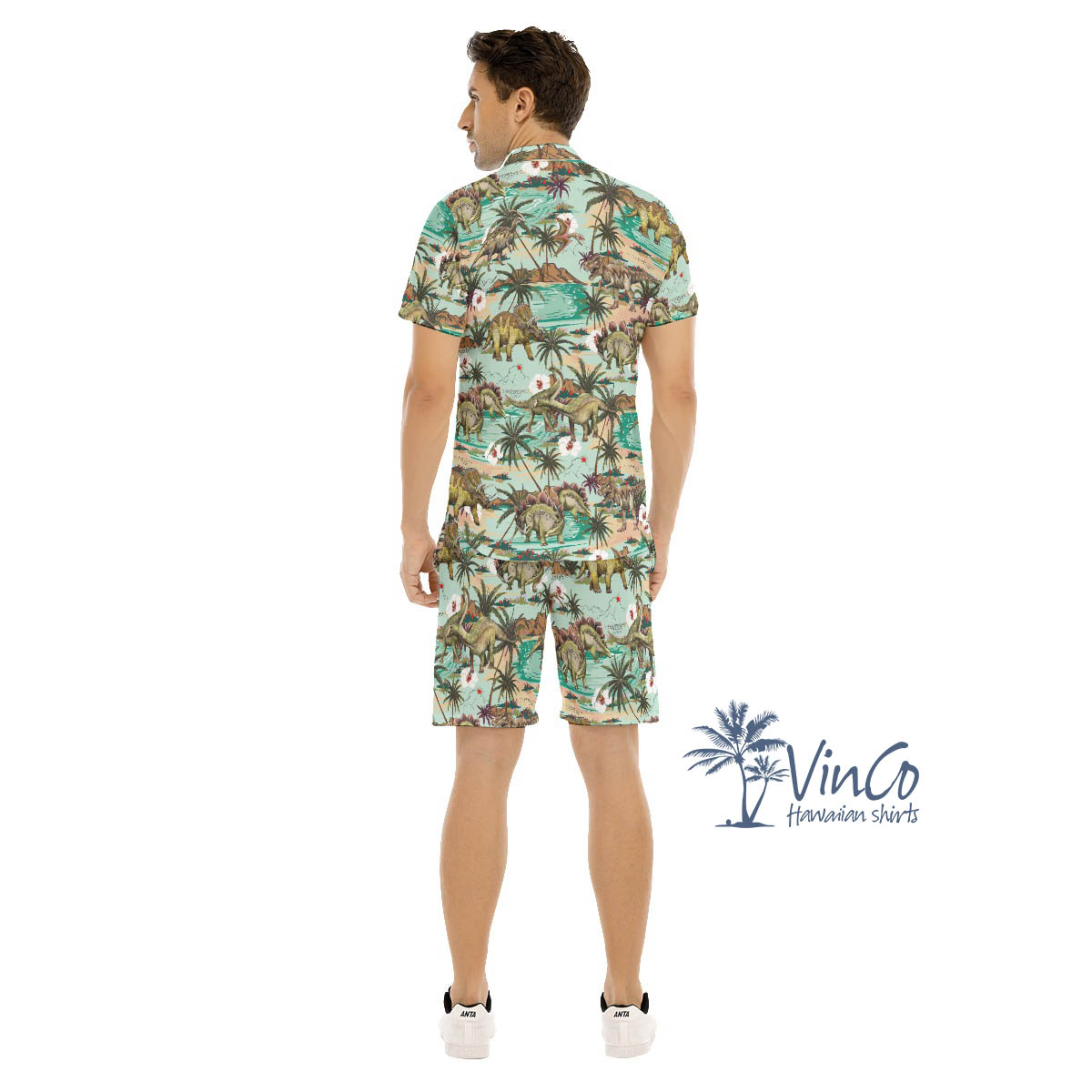 Dinosaur Tropical Palm Tree Hawaiian Shirt And Shorts For Men