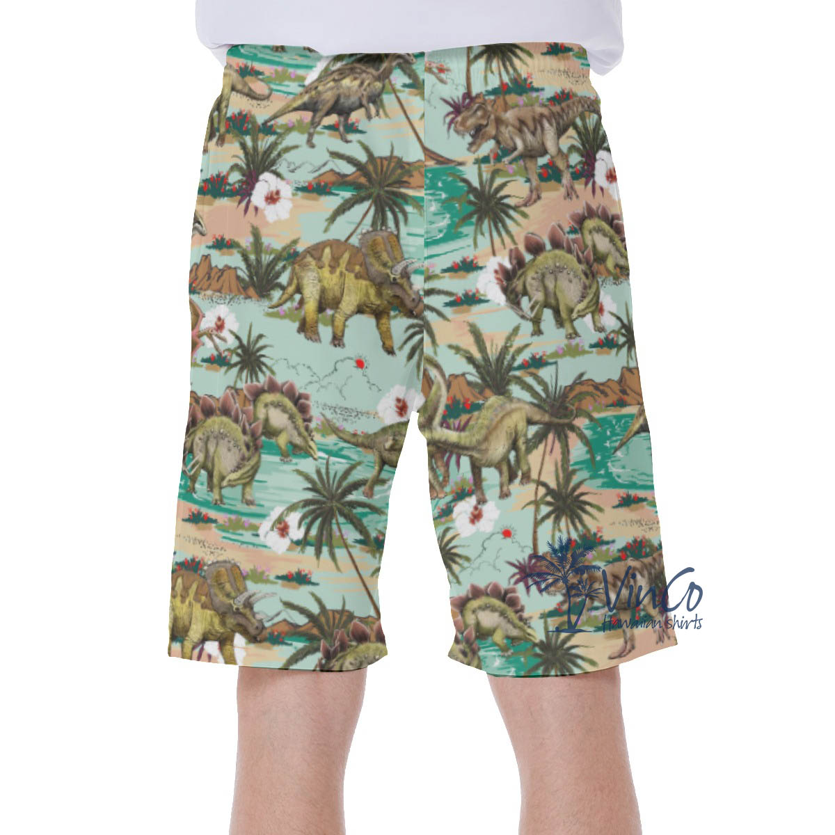 Tropical Palm Tree Dinosaur Hawaiian Swim Trunks For Men