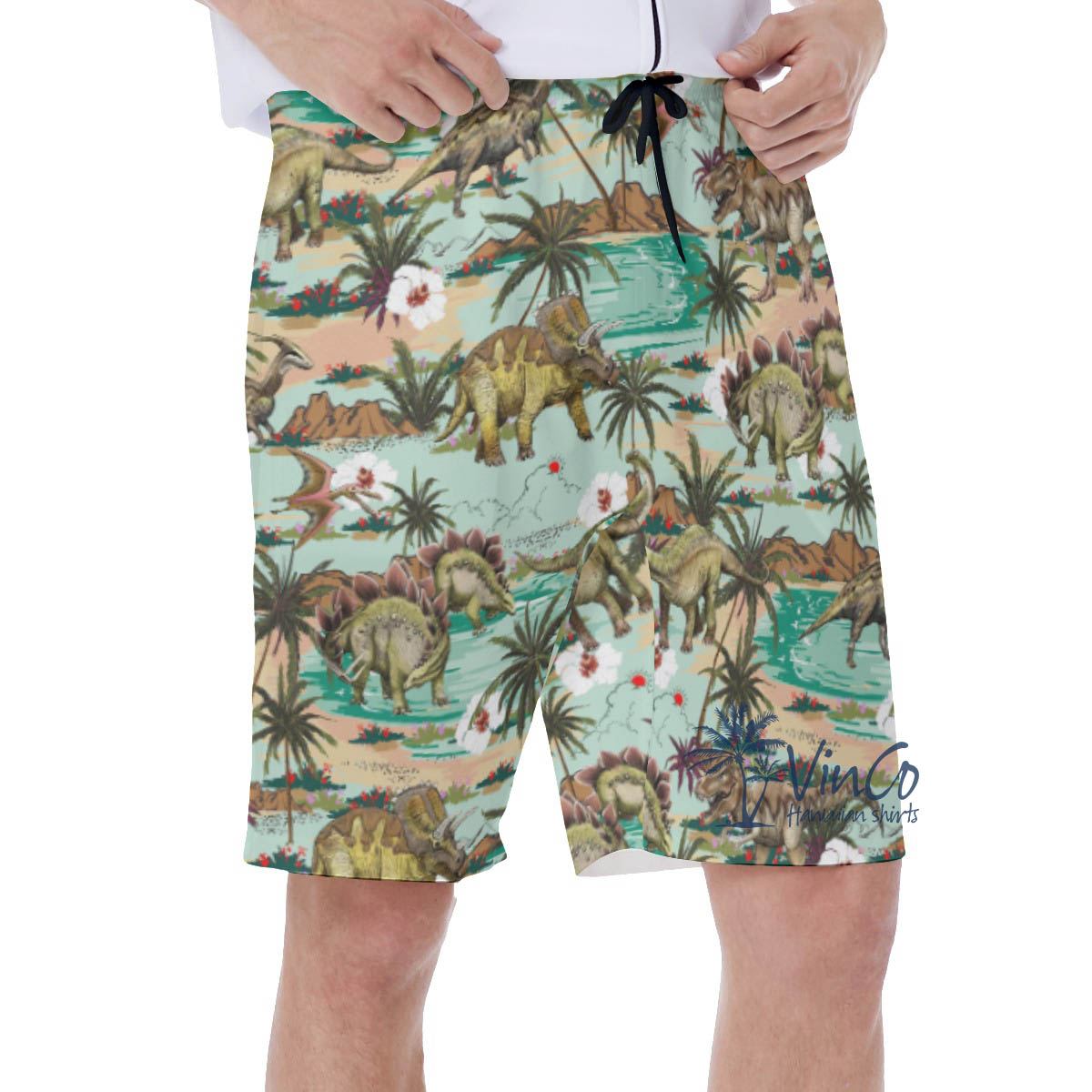 Tropical Palm Tree Dinosaur Hawaiian Swim Trunks For Men