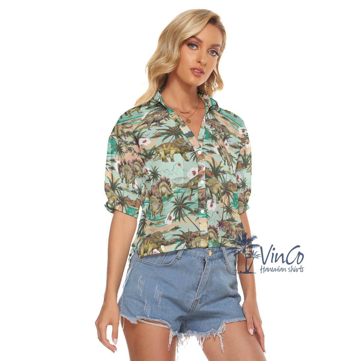 Dinosaur Tropical Summer Hawaiian Cropped Shirt For Women