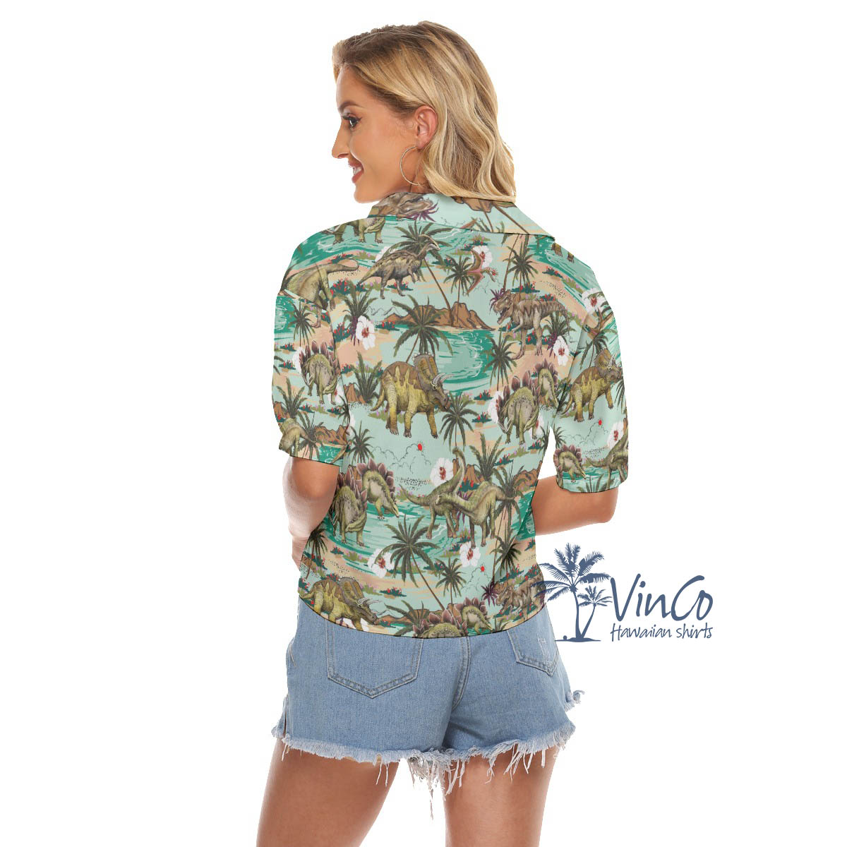 Dinosaur Tropical Summer Hawaiian Cropped Shirt For Women