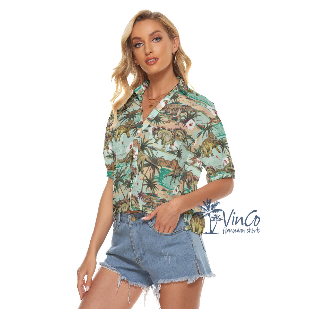 Dinosaur Tropical Summer Hawaiian Cropped Shirt For Women