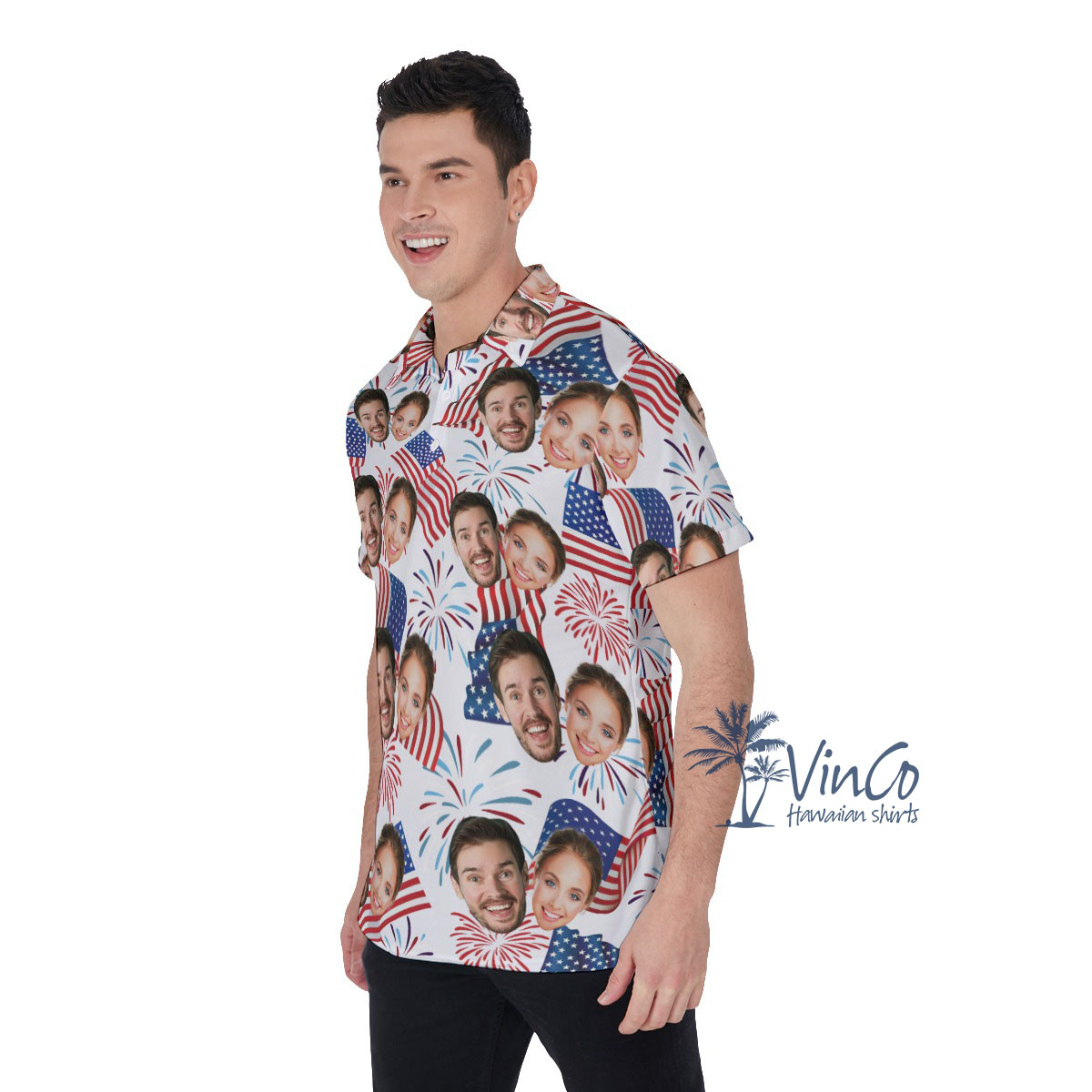 White Red And Blue Men's Hawaiian Polo Shirt With Custom Multiple Faces