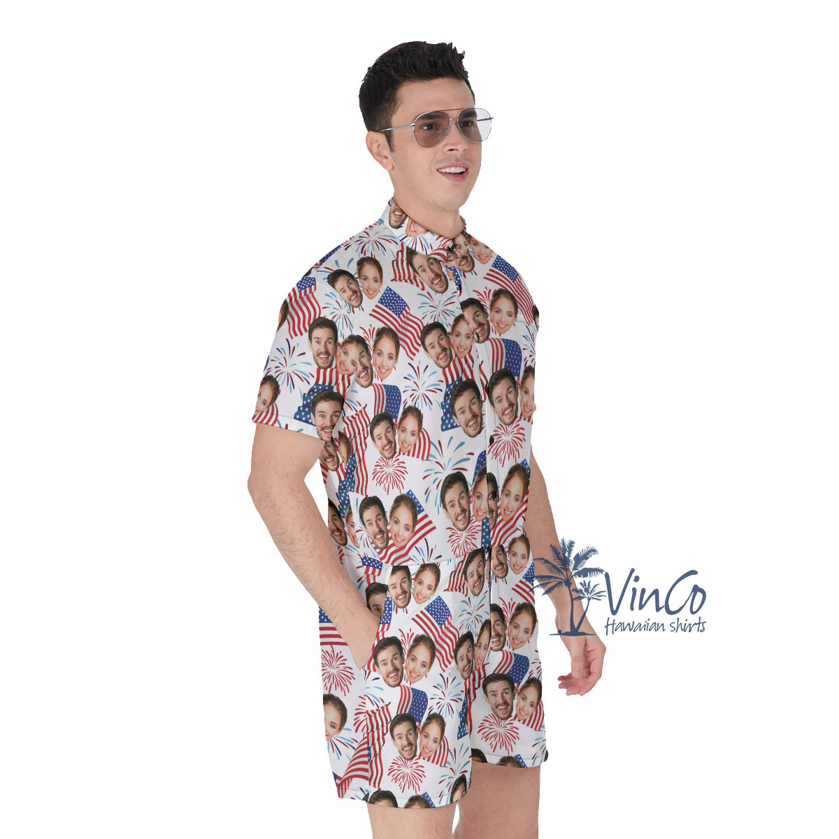 4th Of July Custom Couple Faces Men's Hawaiian Romper