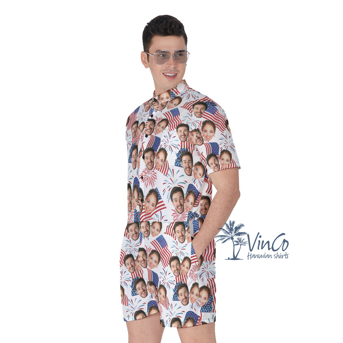 4th Of July Custom Couple Faces Men's Hawaiian Romper