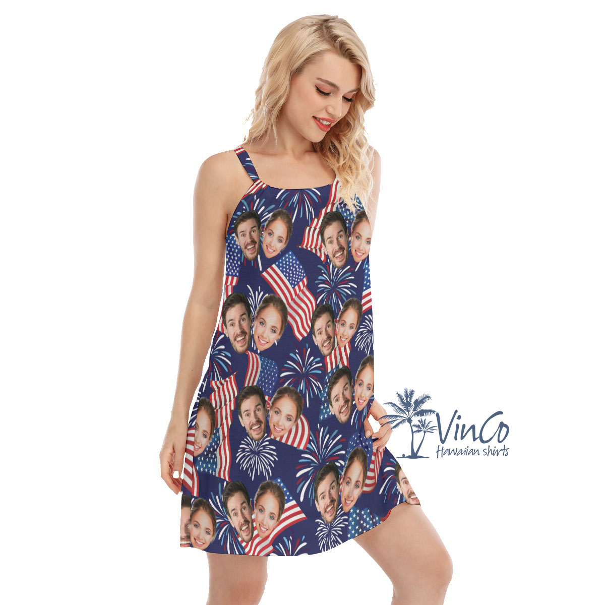 Custom Multi Faces American Flag Women's Hawaiian Cami Dress