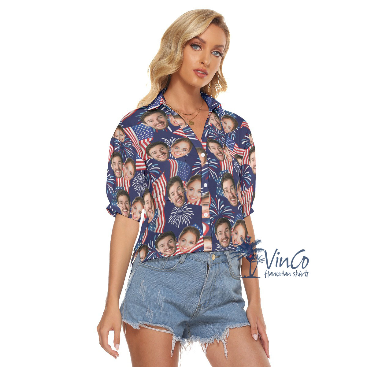 Custom 2 Faces American Flag Women's Hawaiian Crop Shirt