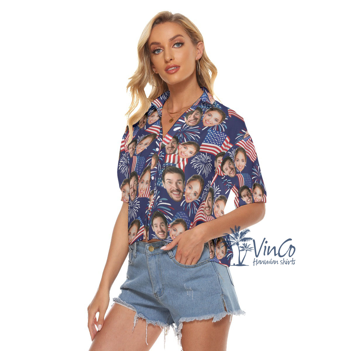 Custom 2 Faces American Flag Women's Hawaiian Crop Shirt