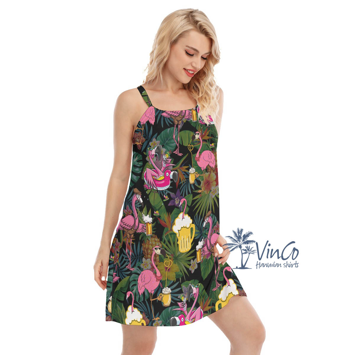 Funny Flamingo Beer Tropical Hawaiian Dresses For Women