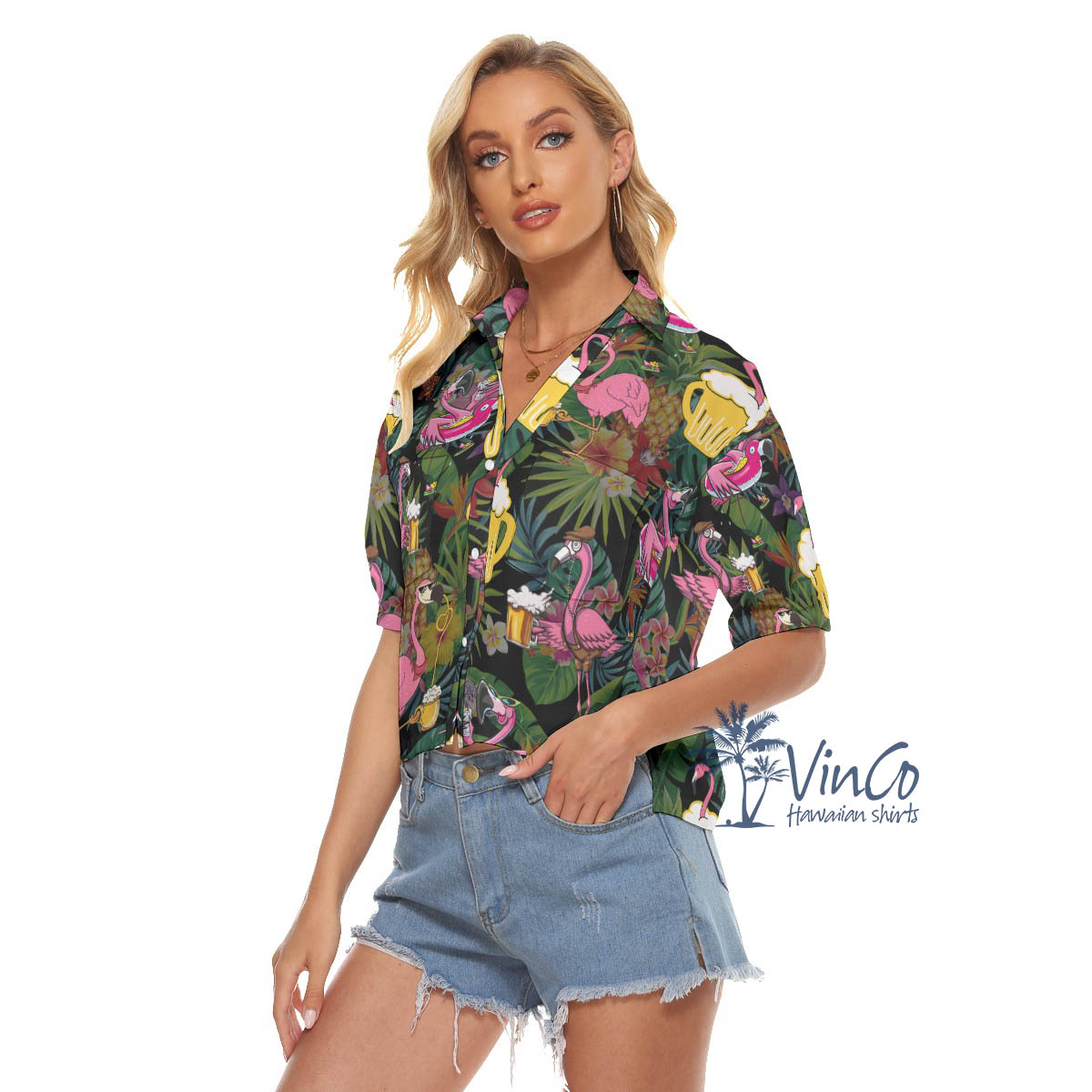 Funny Flamingo Beer Tropical Hawaiian Cropped Shirt For Women