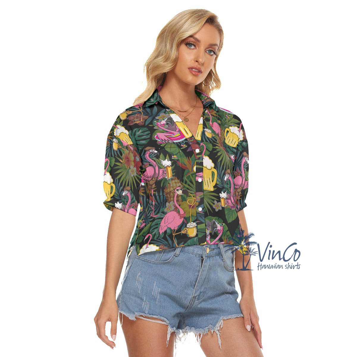 Funny Flamingo Beer Tropical Hawaiian Cropped Shirt For Women