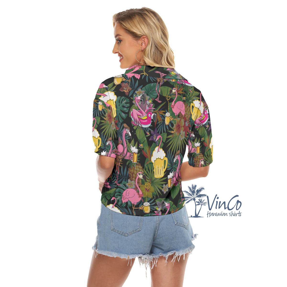 Funny Flamingo Beer Tropical Hawaiian Cropped Shirt For Women