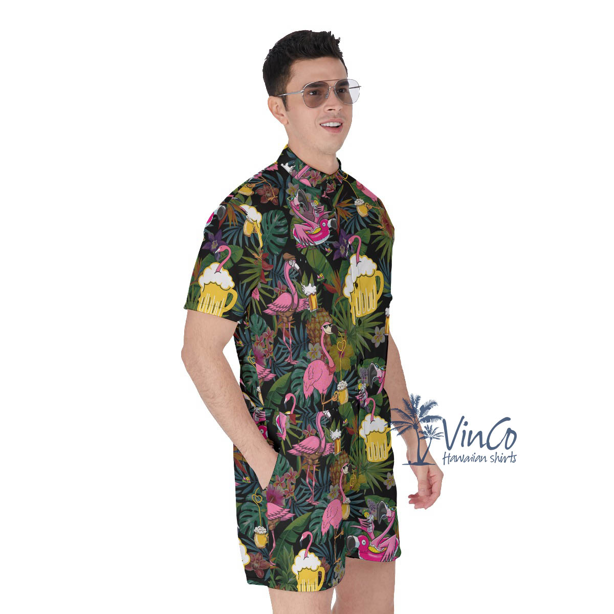 Tropical Flamingo Beer Men's Hawaiian Romper