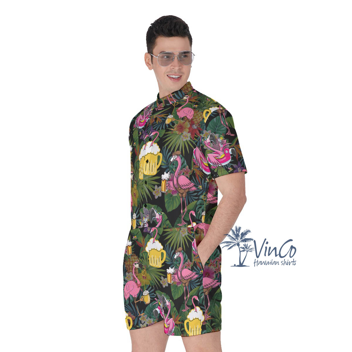 Tropical Flamingo Beer Men's Hawaiian Romper