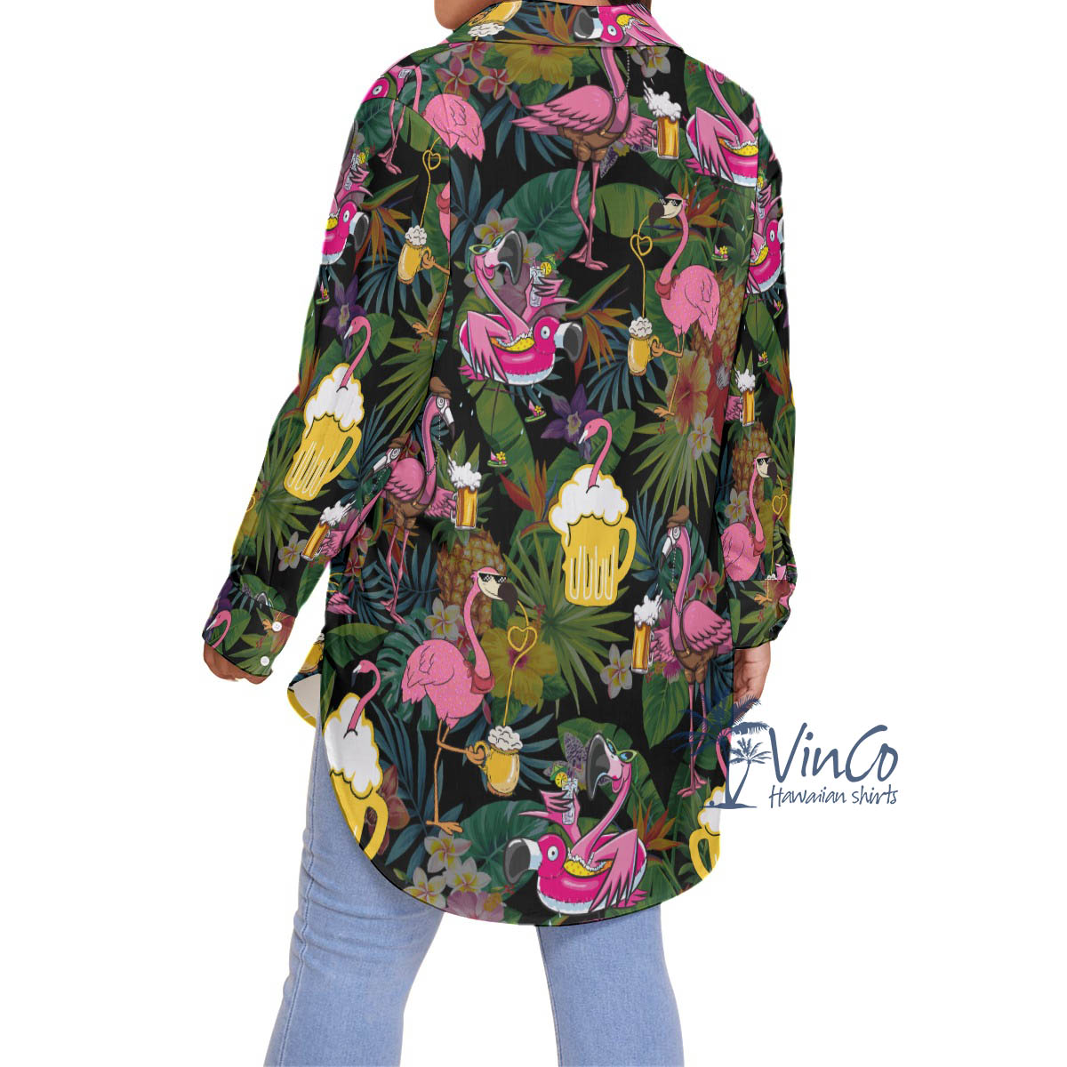 Funny Flamingo Drink Beer Tropical Hawaiian Plus Size Shirt For Women