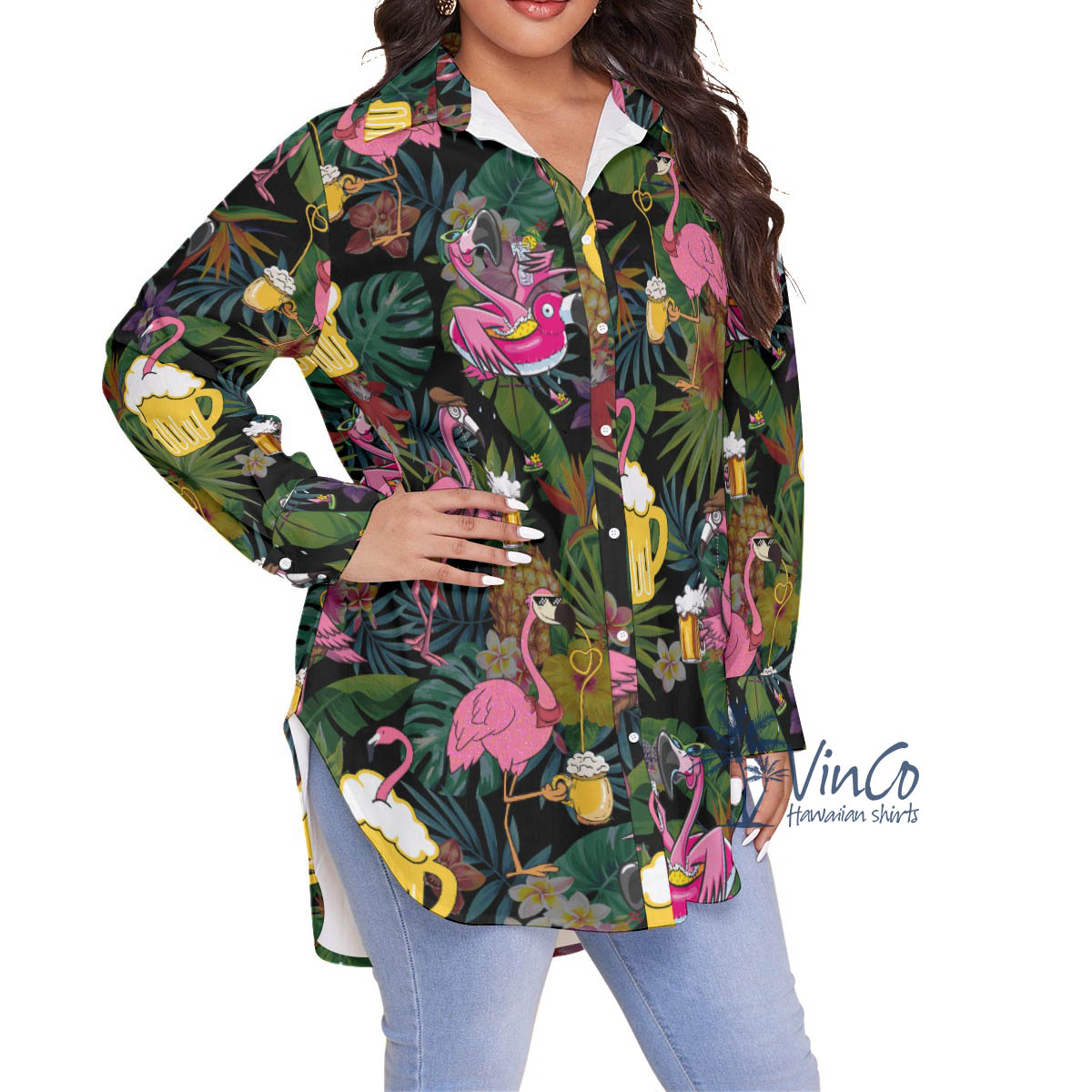 Funny Flamingo Drink Beer Tropical Hawaiian Plus Size Shirt For Women