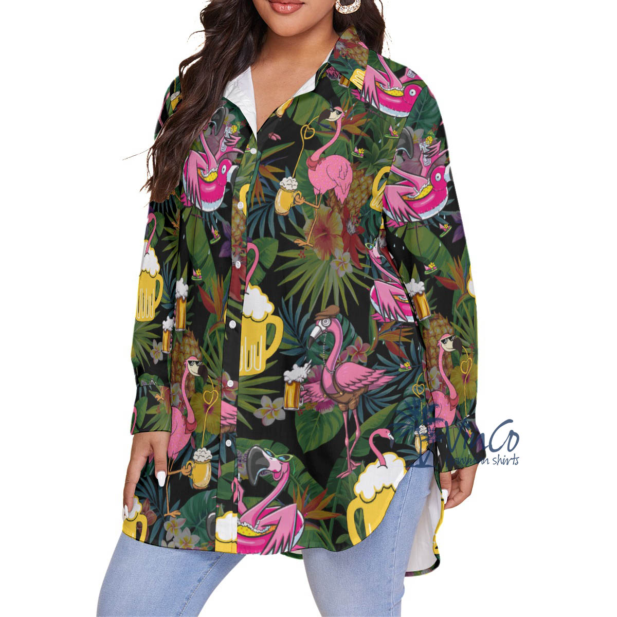Funny Flamingo Drink Beer Tropical Hawaiian Plus Size Shirt For Women