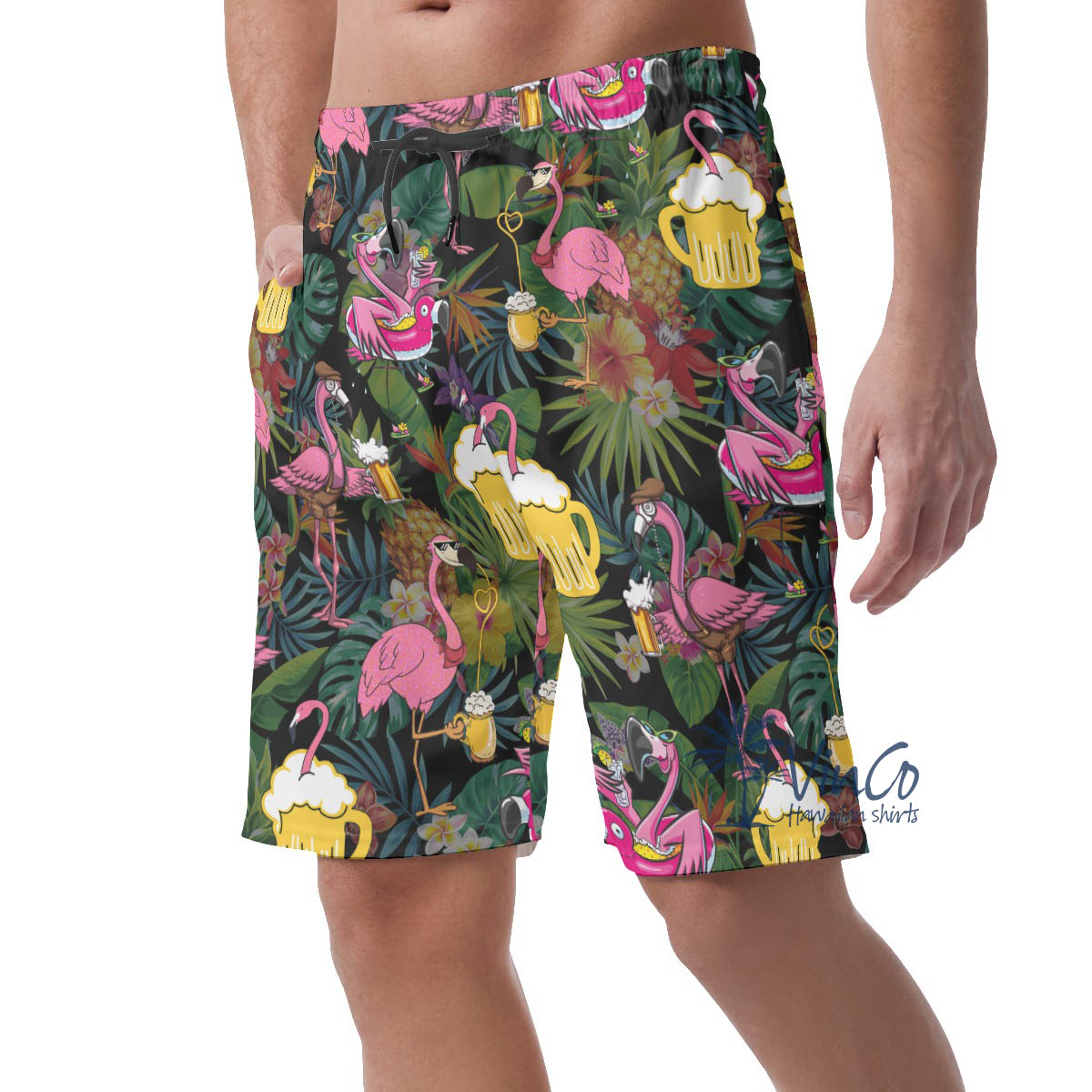 Funny Tropical Flamingo Beer Hawaiian Beach Shorts For Men