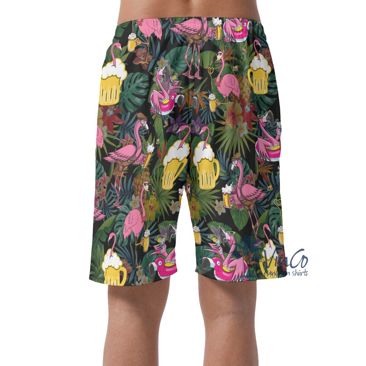 Funny Tropical Flamingo Beer Hawaiian Beach Shorts For Men