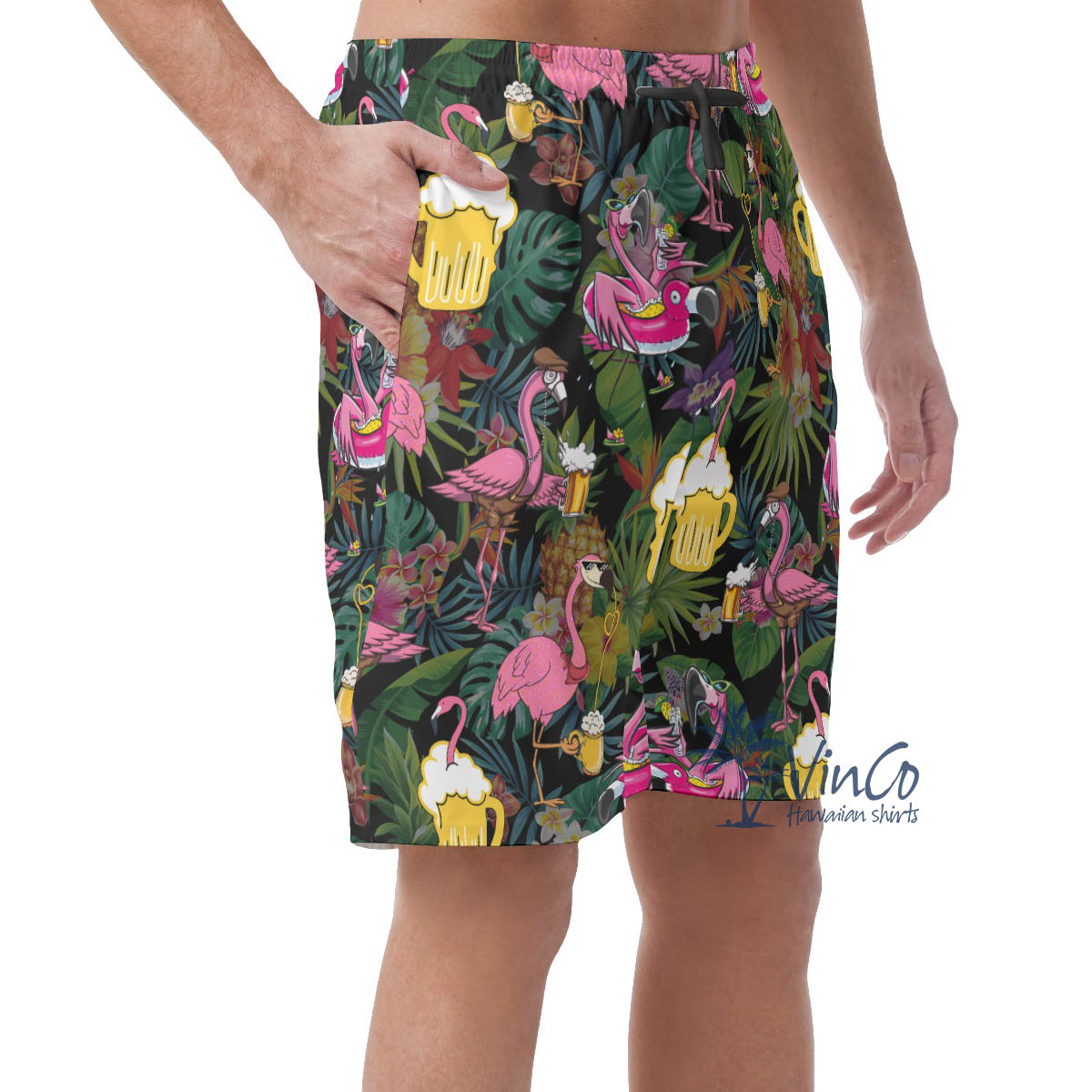 Funny Tropical Flamingo Beer Hawaiian Beach Shorts For Men