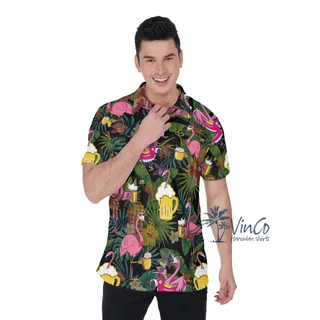 Tropical Flamingo Beer Hawaiian Polo Shirt For Men