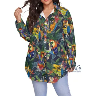 Funny Parrot Cocktails Tropical Hawaiian Plus Size Shirt For Women