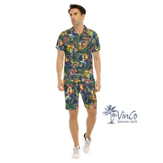 Set Parrot Cocktails Tropical Hawaiian Shirt And Matching Shorts For Men