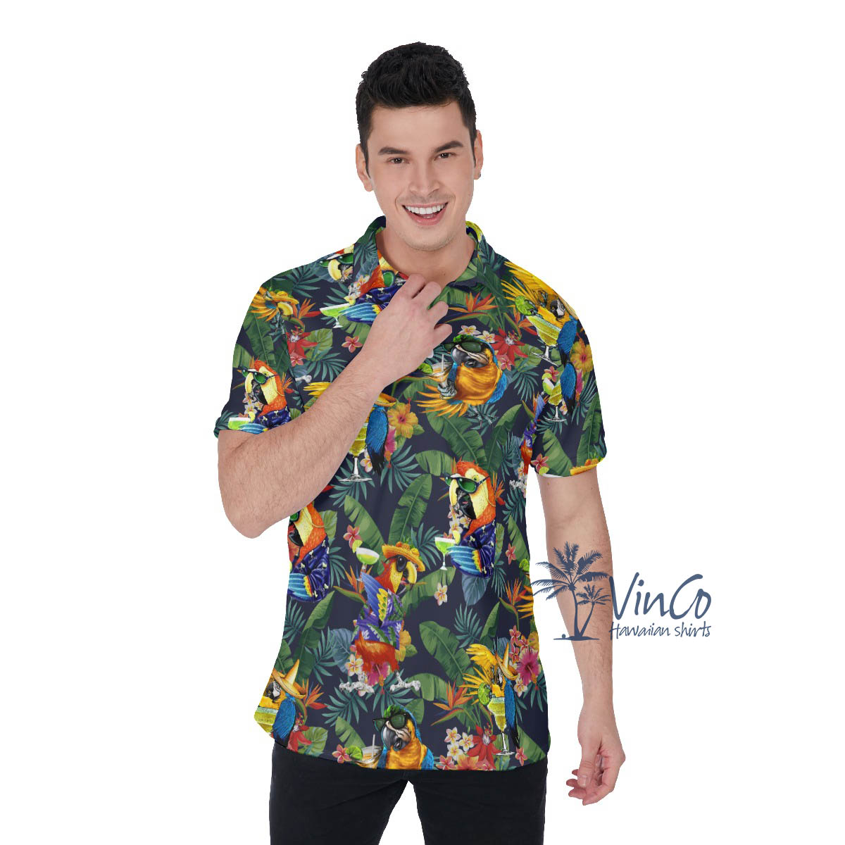 Funny Parrots Cocktails Tropical Hawaiian Polo Shirt For Men - variant image 1