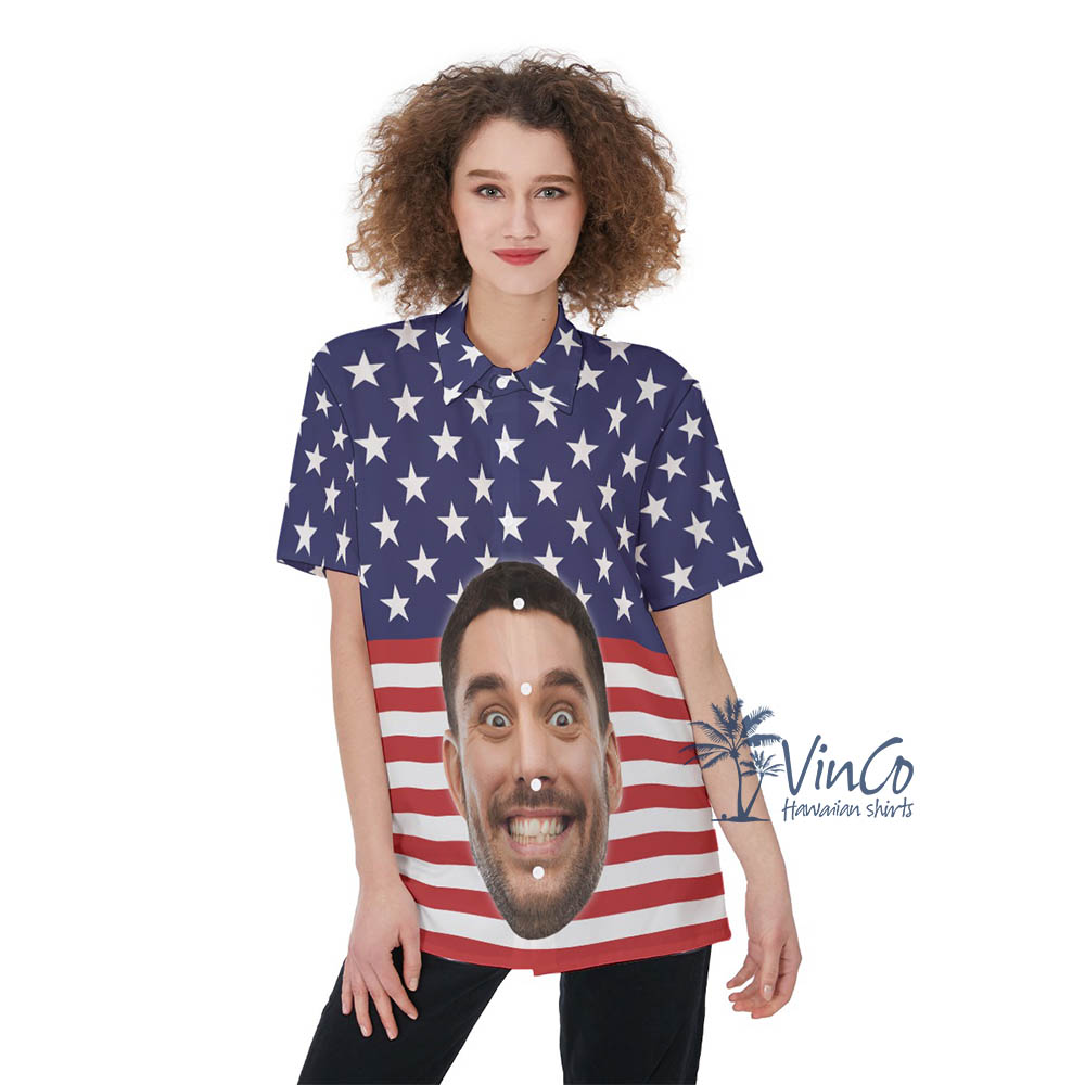 Custom Face USA Flag Hawaiian Shirt For Women - variant image 1