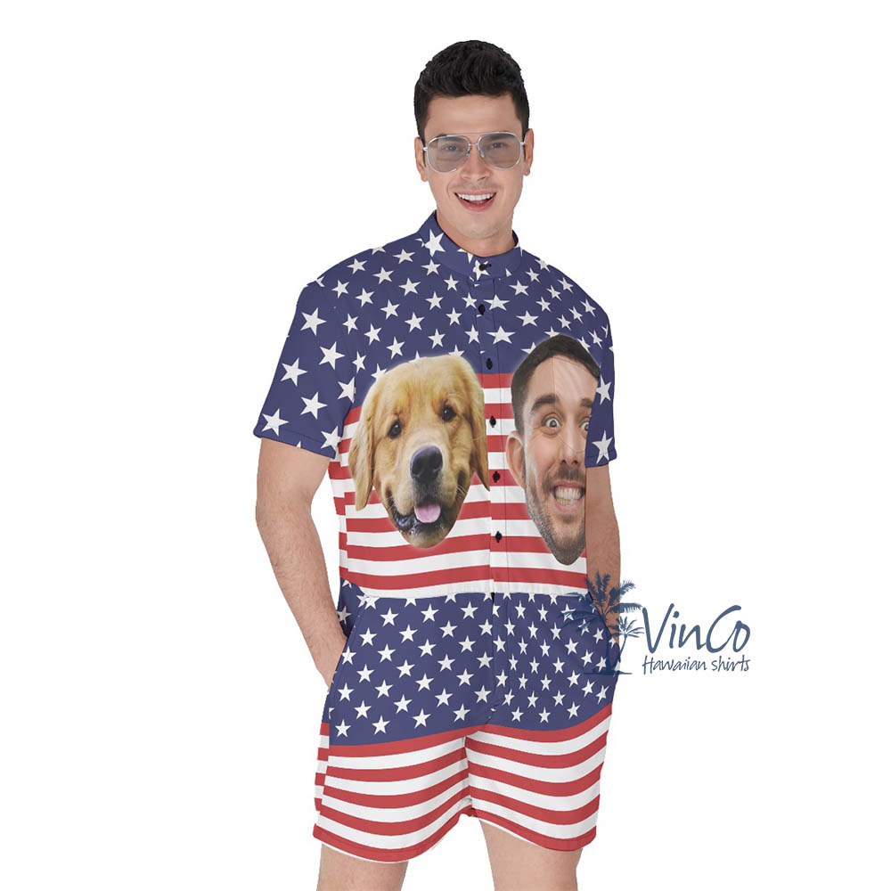 Custom Dog Face American Flag Romper For Men - variant image 1