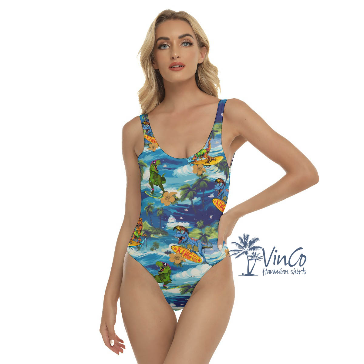 Funny Dinosaur Surfing Tropical Hawaiian Swimsuit For Women - variant image 1