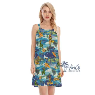Funny Dinosaur Surfing Tropical Hawaiian Dresses For Women